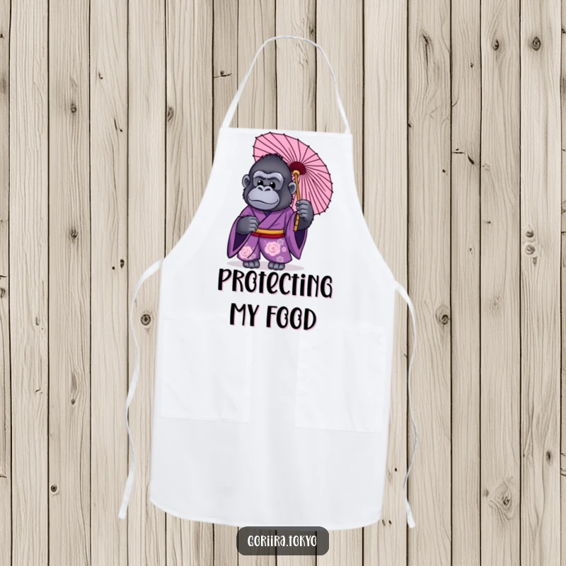 Funny apron showing a gorilla in a purple kimono, holding a traditional Japanese umbrella while cooking stylishly.