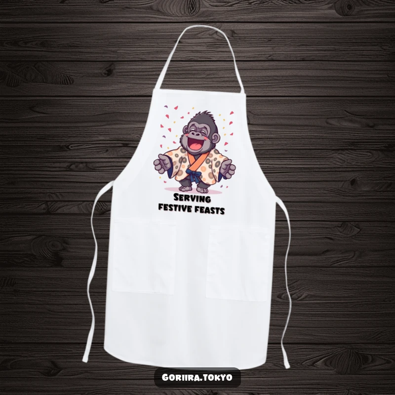 Funny gorilla wearing a spotted kimono joyfully throwing confetti, a humorous apron for festive culinary creations.