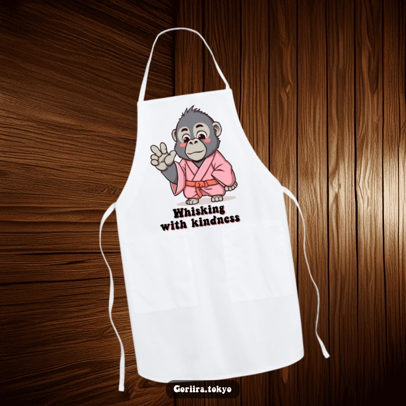 Funny Gorilla Apron depicting a pink kimono gorilla making a gentle hand gesture, ideal for cooking with humor and style.
