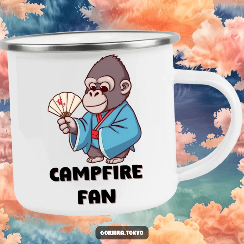 Funny camping mug with a gorilla in a blue formal kimono, gracefully holding a delicate fan, for stylish outdoor enjoyment.
