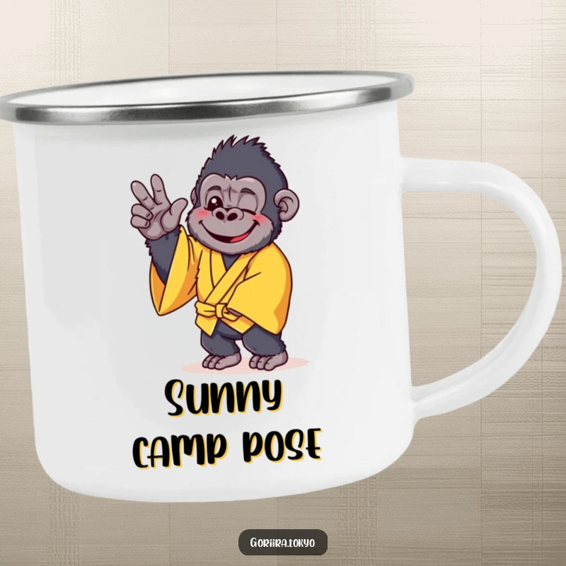 Funny camping mug with a cheerful gorilla in a yellow kimono, striking a gentle pose, perfect for happy outdoor moments.