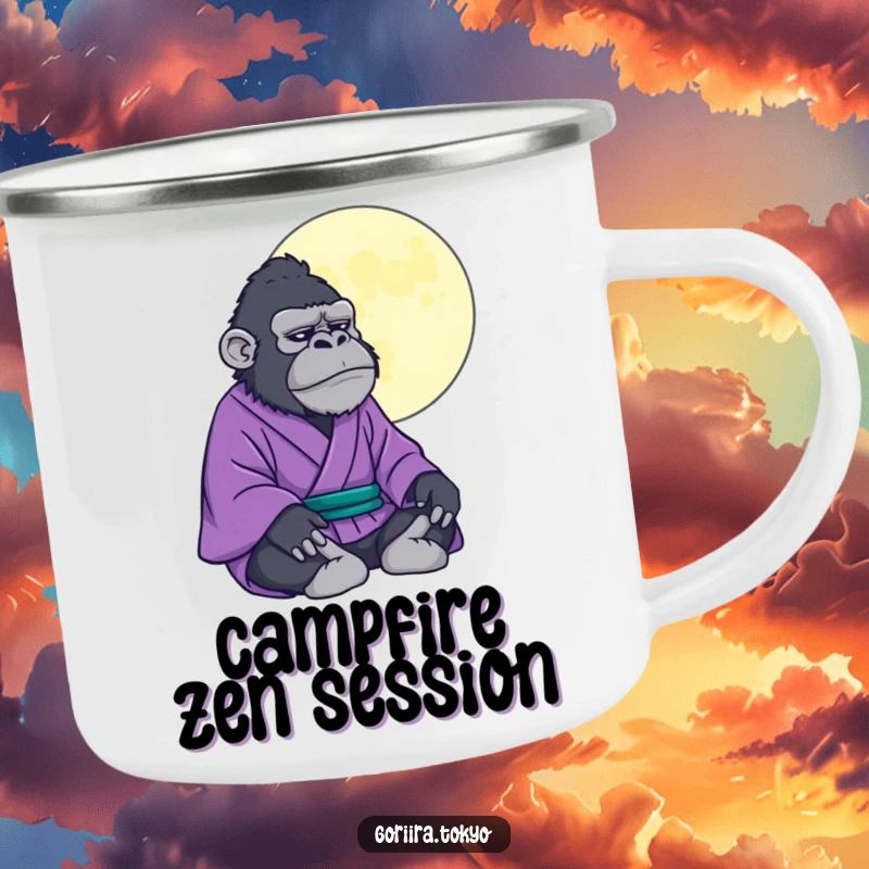 Durable camping mug featuring a funny gorilla in a purple kimono meditating under a stylized moon, great for peaceful mornings.