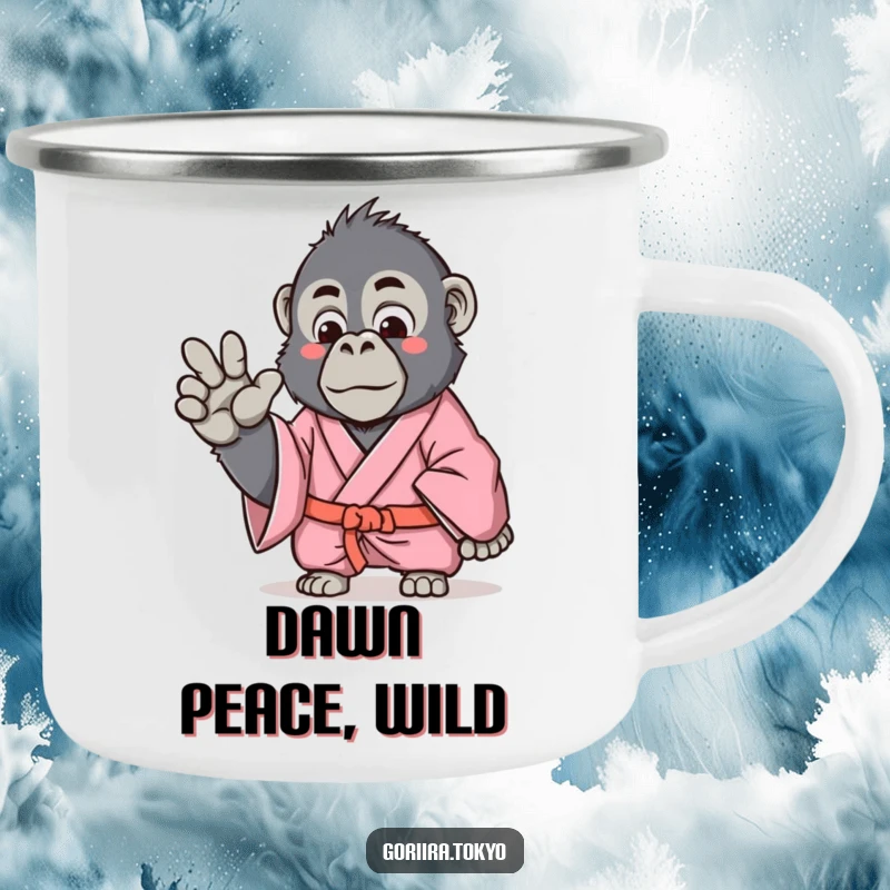 Funny Gorilla Camping Mug with a pink kimono gorilla making a gentle hand gesture, perfect for calm and humorous outdoor enjoyment.
