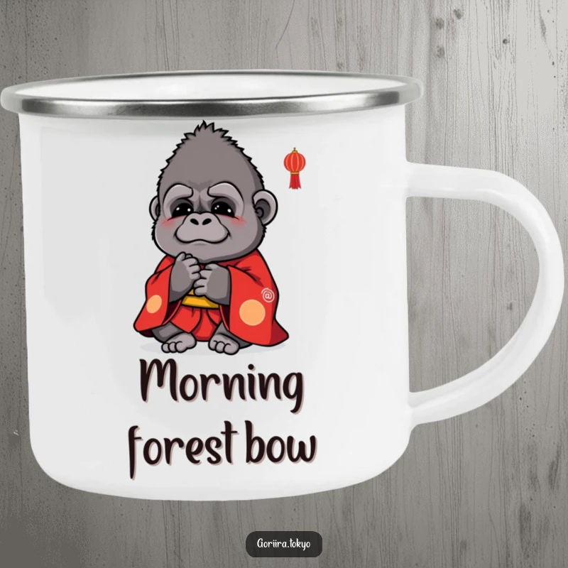 Funny camping mug with a small, cute gorilla in a vibrant red kimono, bowing politely, perfect for outdoor enthusiasts.