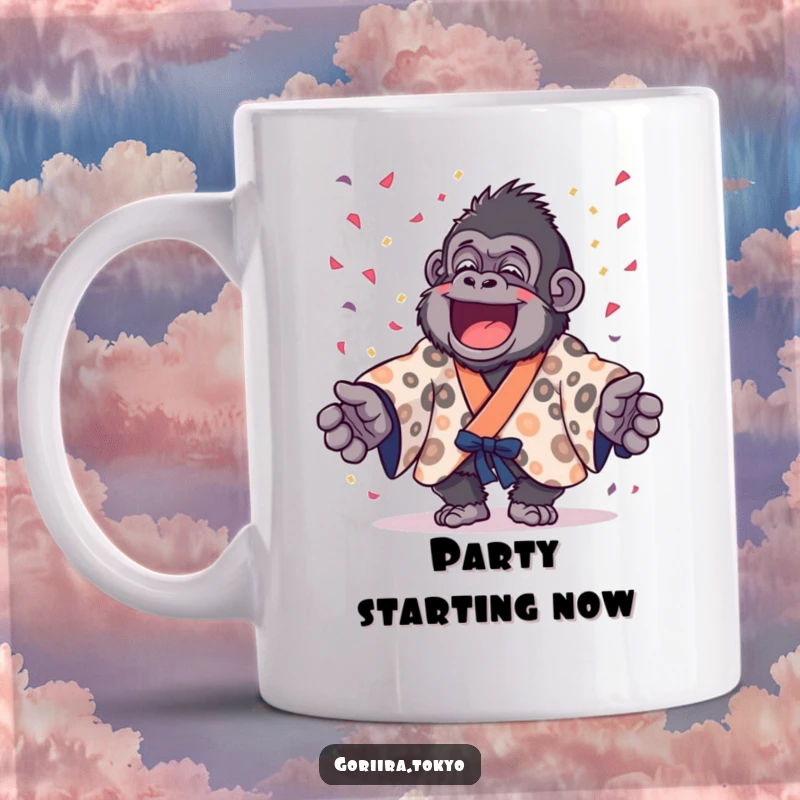 Funny gorilla in a spotted kimono joyfully tossing colorful confetti, capturing pure celebration and humor on a mug.