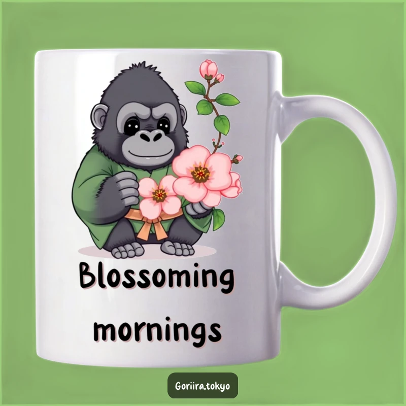 Funny Plump Gorilla Green Kimono Mug: Peach Blossom Joy, Humorous Gift