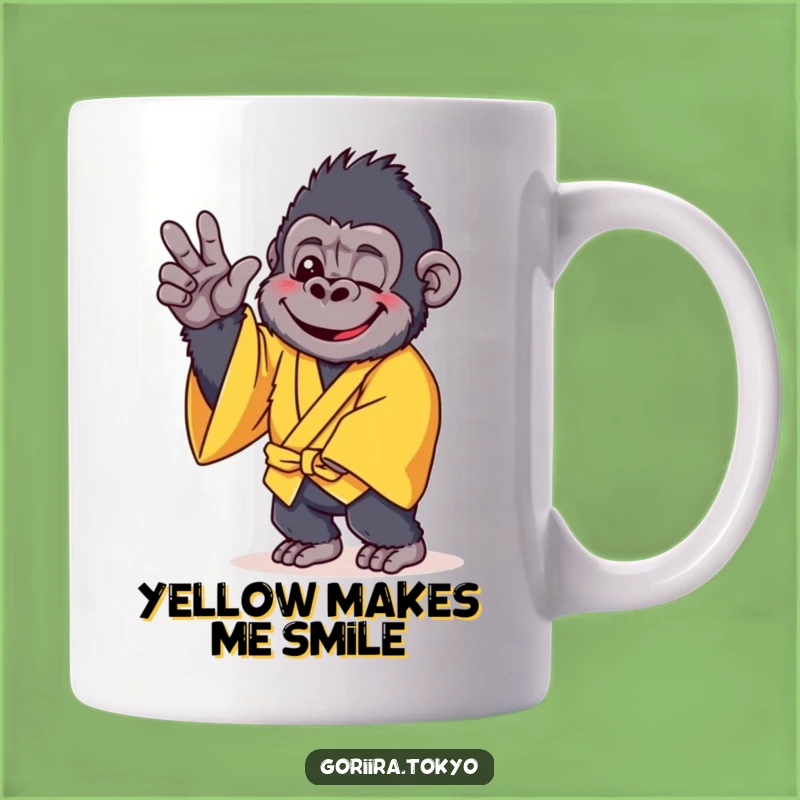Funny Cheerful Gorilla Yellow Kimono Mug: Gentle Pose, Happy Humorous Gift