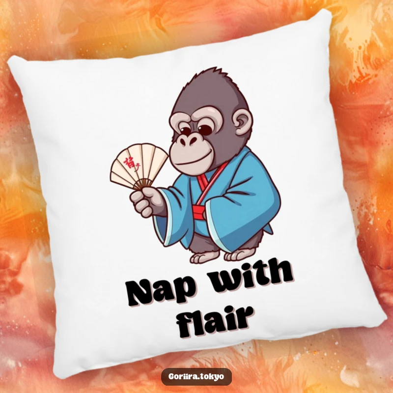 Funny pillow design: a gorilla in a blue formal kimono, gracefully holding a delicate fan, offering soft elegance.
