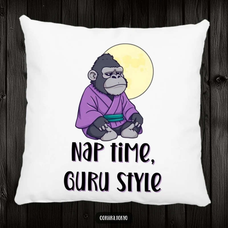 Soft pillow featuring a funny gorilla in a purple kimono meditating under a stylized moon, perfect for serene comfort.