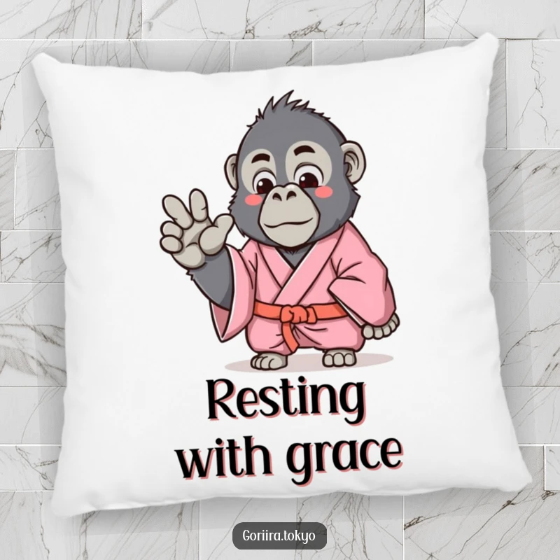 Funny Gorilla Pillow with a pink kimono gorilla making a gentle hand gesture, providing soft comfort and a humorous, calming presence.