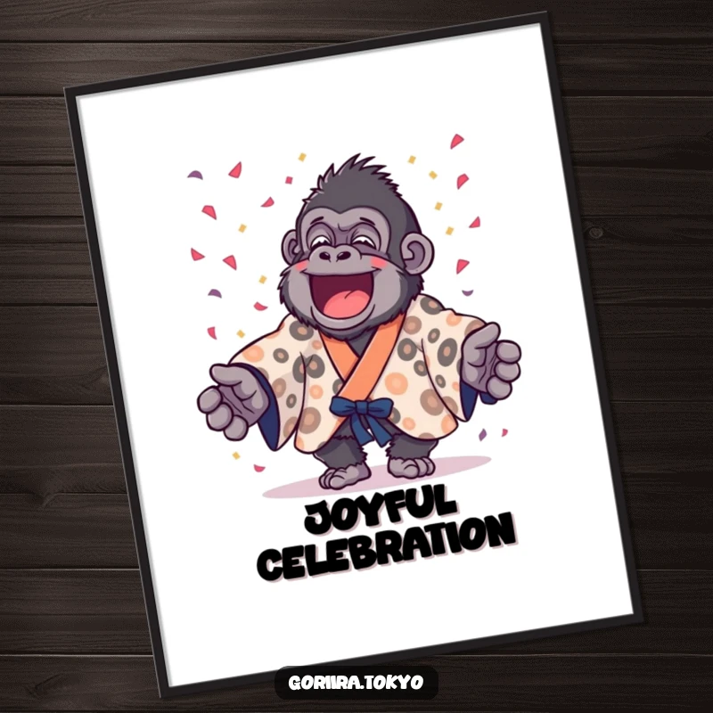 Funny gorilla in a spotted kimono joyfully throwing confetti, a vibrant and humorous digital art print for festive spaces.