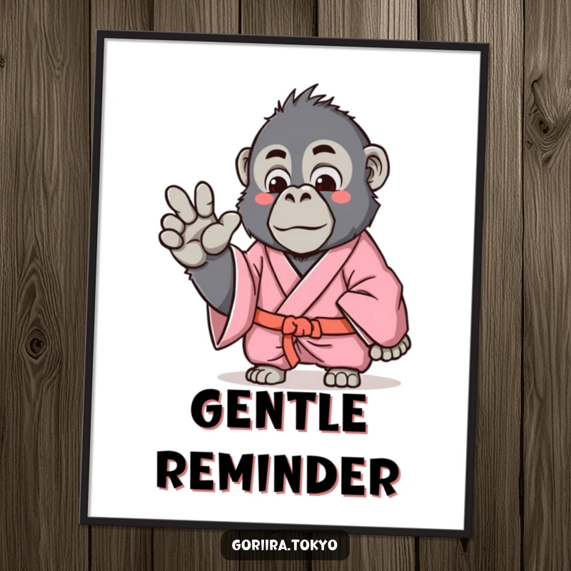 Funny Gorilla Digital Art Print of a pink kimono gorilla making a gentle hand gesture, perfect for serene and humorous wall decor.