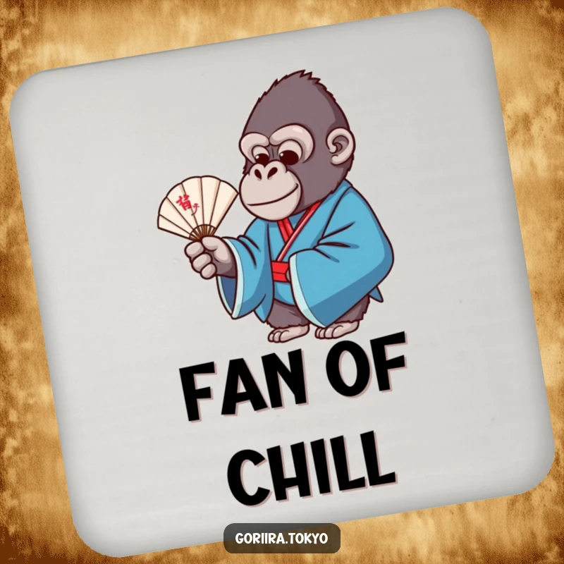 Funny coaster design: a gorilla in a blue formal kimono, gracefully holding a delicate fan, protecting surfaces with elegance.