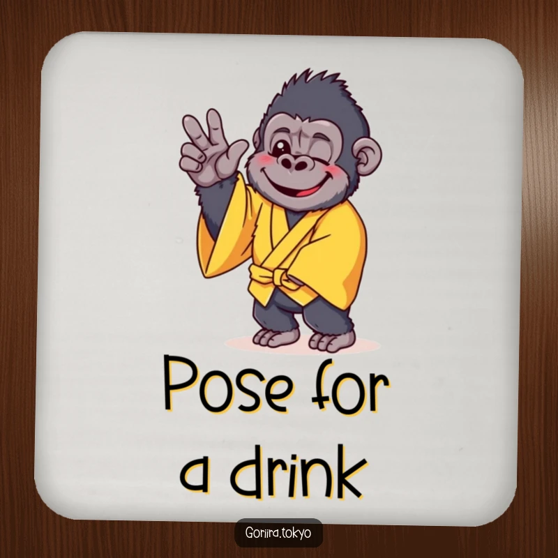 Funny coaster design: a cheerful gorilla in a yellow kimono, striking a gentle pose, protecting surfaces with style.