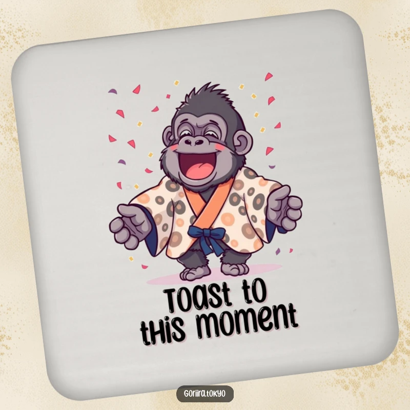 Humorous coaster featuring a funny gorilla in a spotted kimono joyfully throwing confetti, protecting surfaces with festive flair.