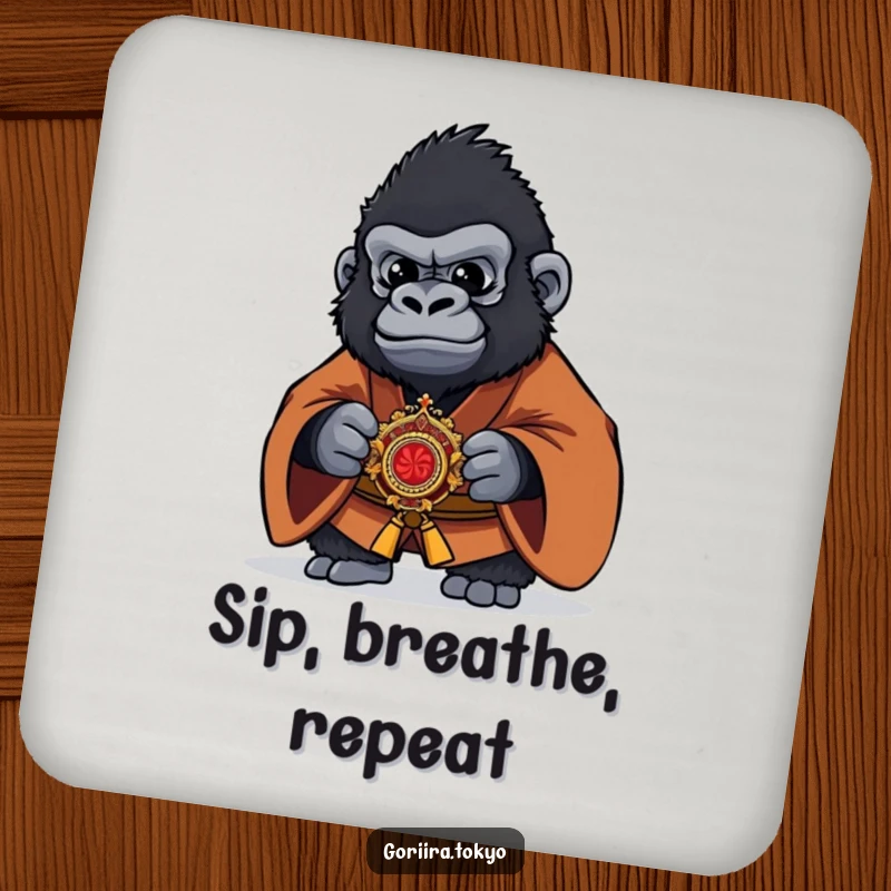 Funny Gorilla Coaster depicting a brown kimono warrior holding a kaiser, offering surface protection and a humorous artistic flair.