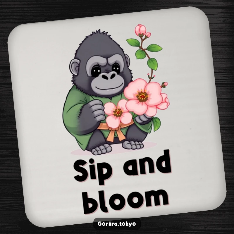 Funny coaster design: a plump gorilla in a green kimono, offering a blooming peach blossom, protecting surfaces with charm.