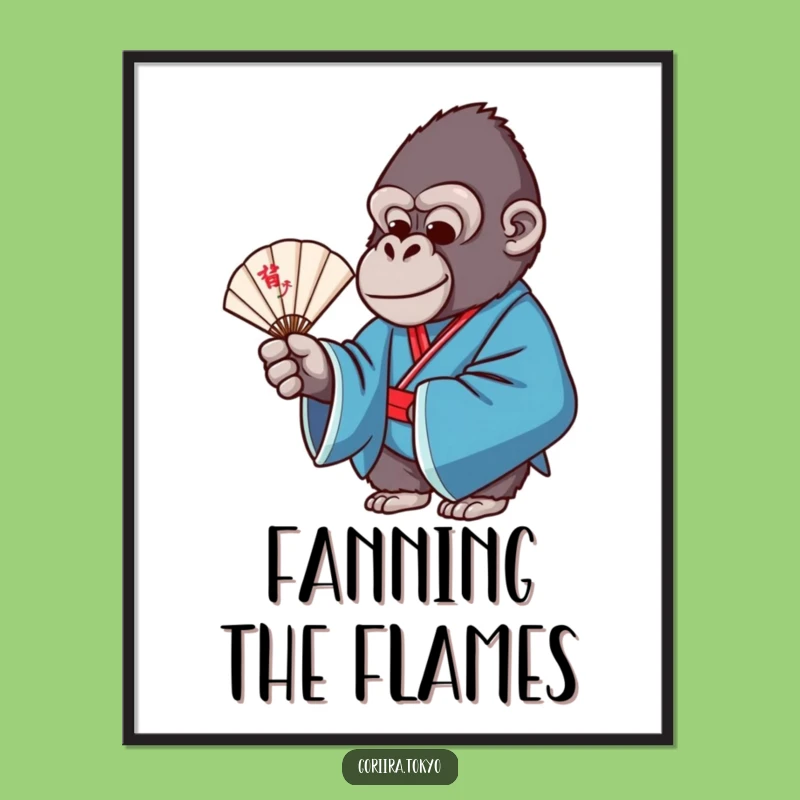 Funny Gorilla Blue Kimono Fan Poster: Elegant Art, Humorous Wall Gift