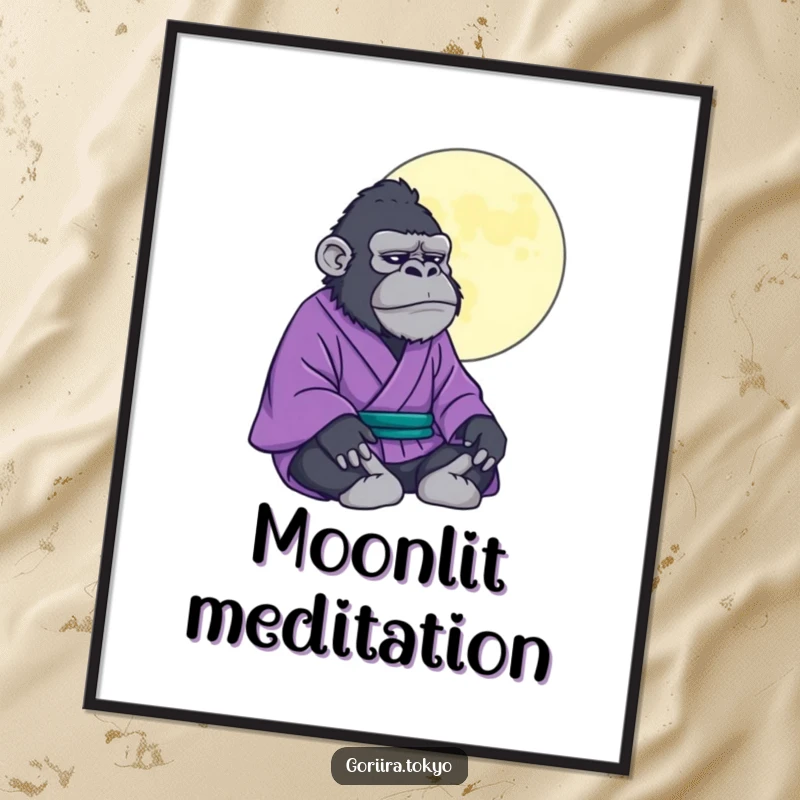 Funny gorilla in a purple kimono meditating under a stylized moon, a serene and humorous poster for peaceful decor.