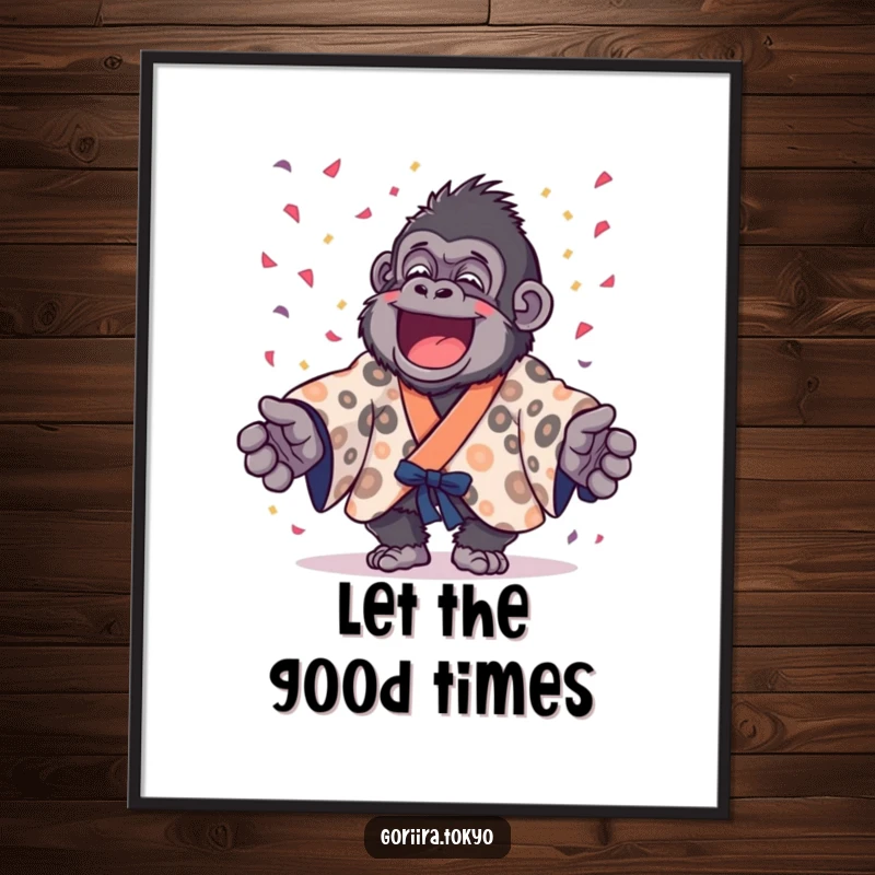 Funny gorilla in a spotted kimono joyfully throwing confetti, a vibrant and humorous poster for festive decor.