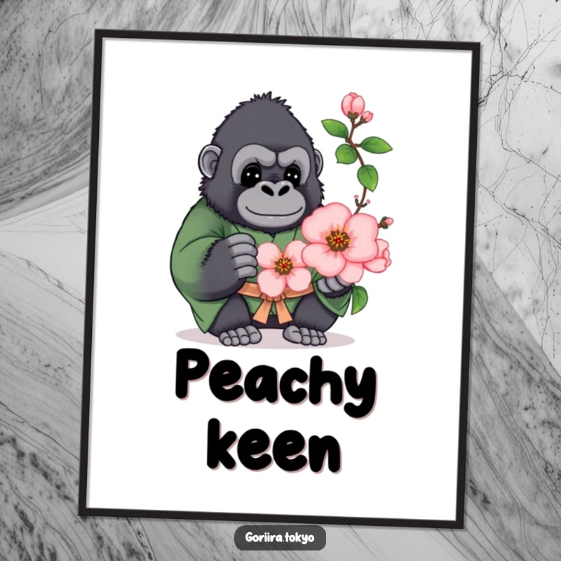 Funny poster art of a plump gorilla in a green kimono, offering a blooming peach blossom with a serene, joyful expression.