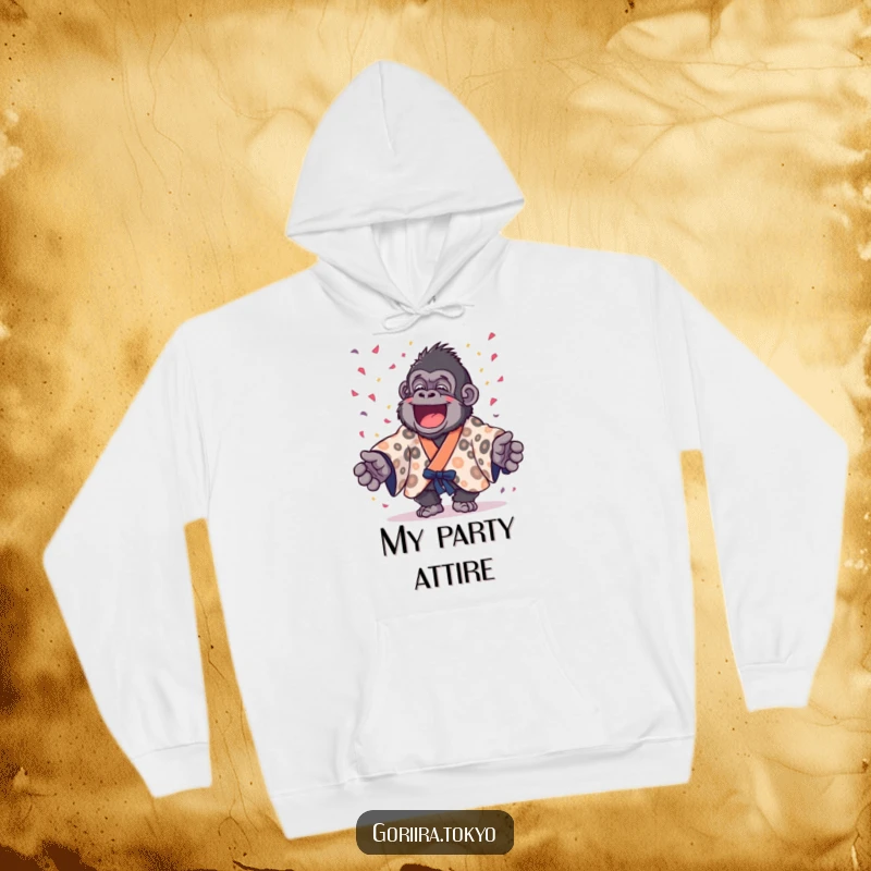 Comfortable hoodie featuring a funny gorilla in a spotted kimono joyfully throwing confetti, bringing party vibes and humor.