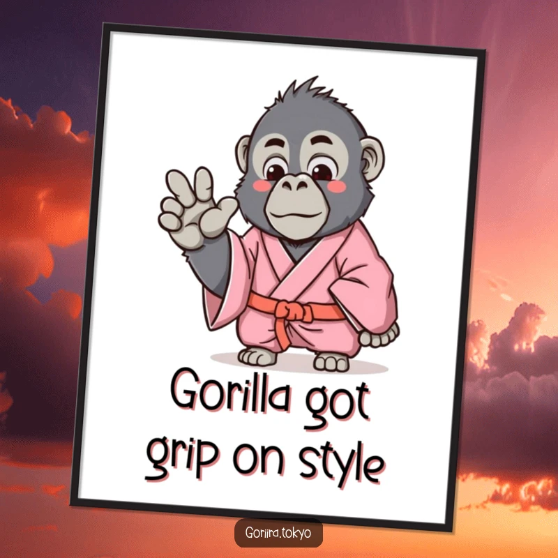 Funny free printable wall art: a serene gorilla in a pink kimono making a graceful, gentle hand gesture.