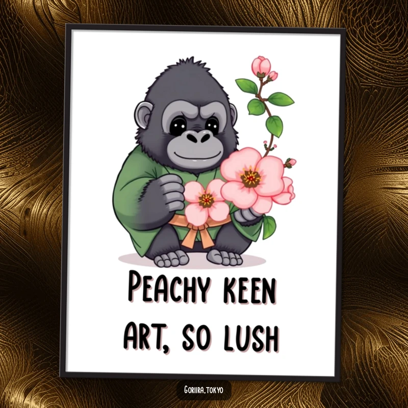 Funny Free Printable Wall Art: Plump gorilla in green kimono offering a blooming peach blossom, adding whimsical charm.