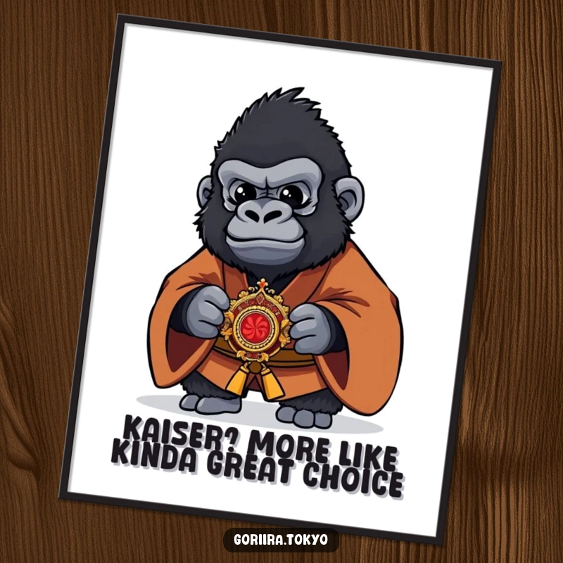 Funny free printable wall art: a gorilla in a brown kimono with a kaiser, looking surprisingly regal and amusing.