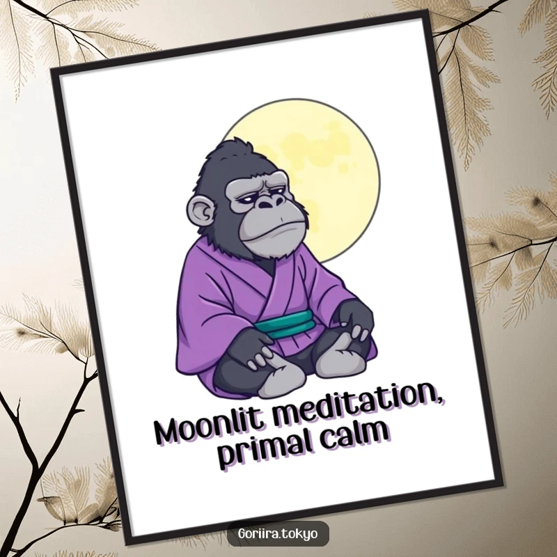 Funny Free Printable Wall Art: Gorilla in a purple kimono meditating under a stylized moon. Humorous and peaceful downloadable.