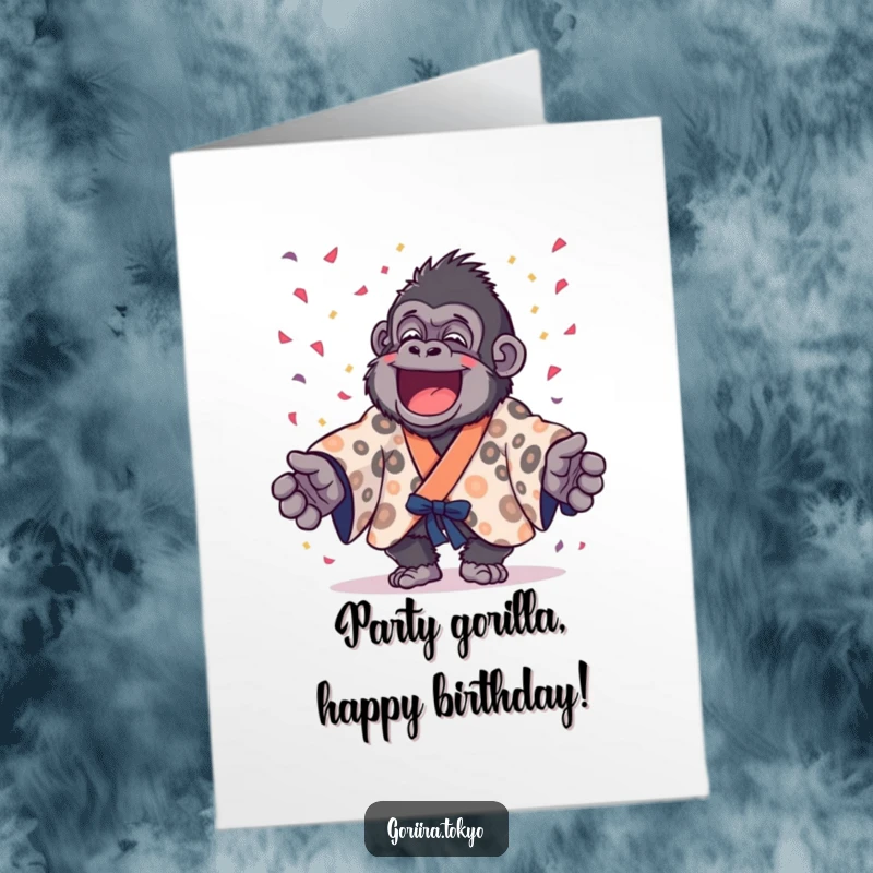 Funny Free Printable Birthday Card: Gorilla in a spotted kimono joyfully throwing confetti, a party starter. Downloadable fun.