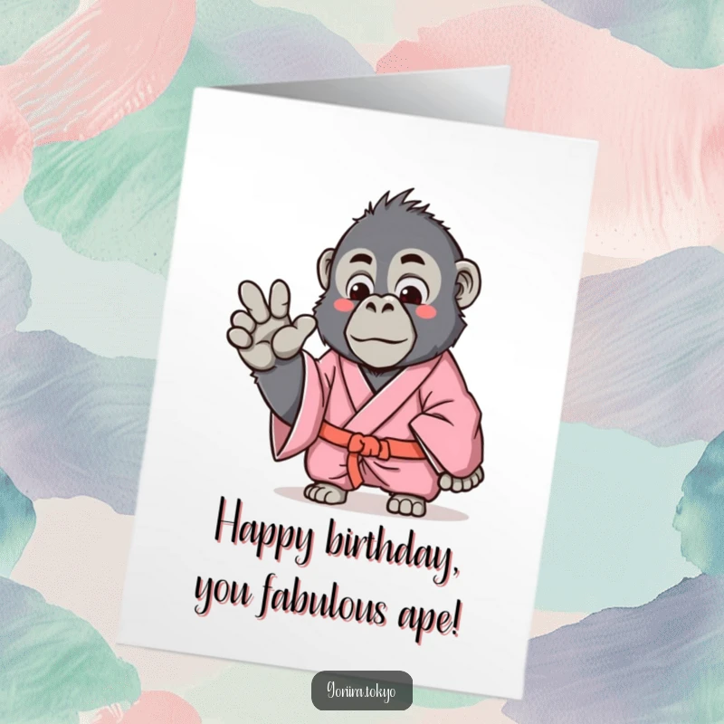 Funny free printable birthday card: a gorilla in a pink kimono making a gentle, almost serene hand gesture.