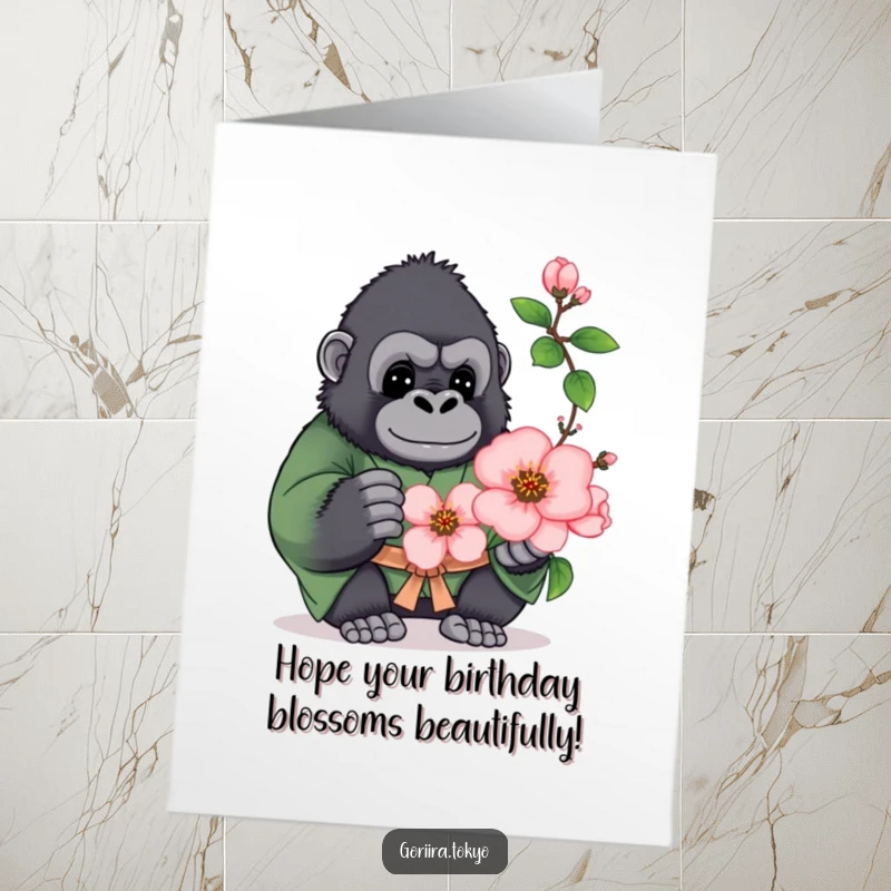Funny Free Printable Birthday Card: Plump gorilla in green kimono offering a blooming peach blossom for a happy birthday.