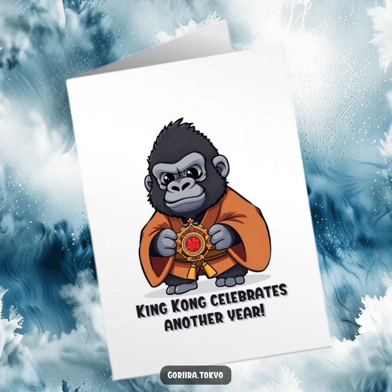 Funny free printable birthday card featuring a gorilla in a brown kimono holding a kaiser with a comically serious expression.