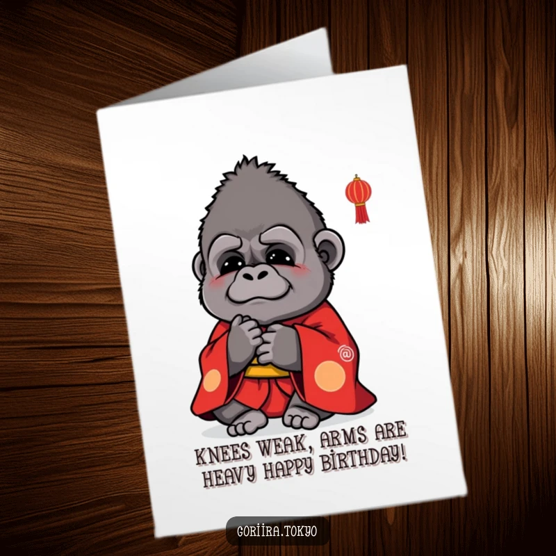 Funny Free Printable Birthday Card: Small cute gorilla in red kimono bowing politely, wishing Happy Birthday with charm.