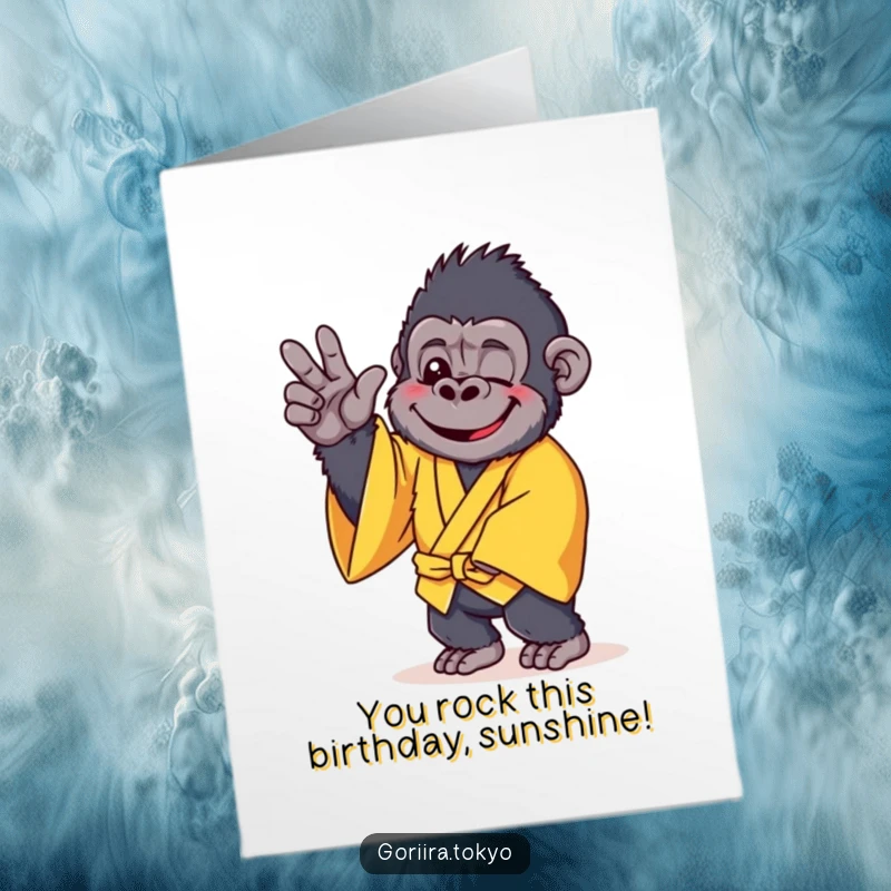 Funny Free Printable Birthday Card: Cheerful gorilla in yellow kimono striking a gentle pose, wishing a happy birthday.