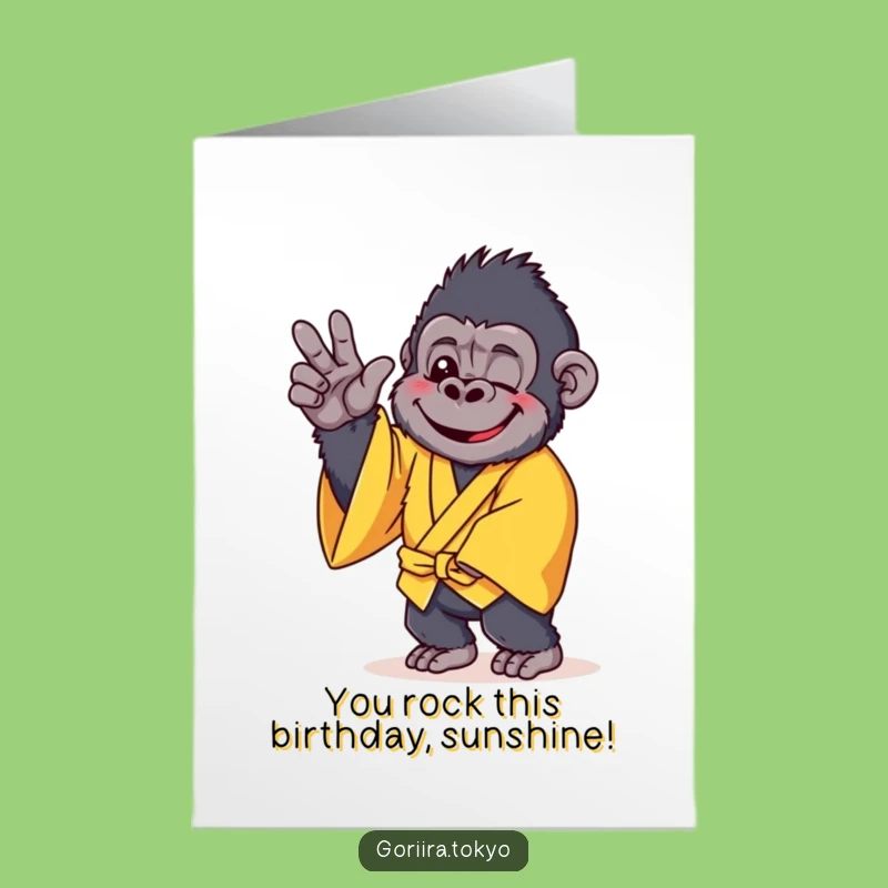 Free Printable Birthday Card: Cheerful Gorilla Kimono Pose for a Funny Downloadable Gift