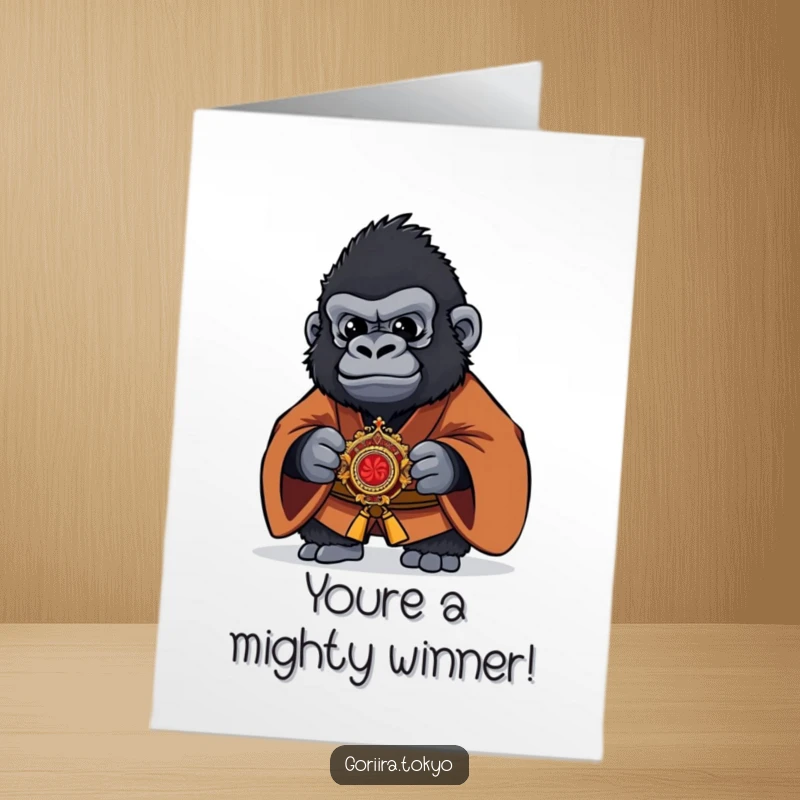 Funny free printable congratulations card showing a gorilla in a brown kimono proudly holding a kaiser for a big win.