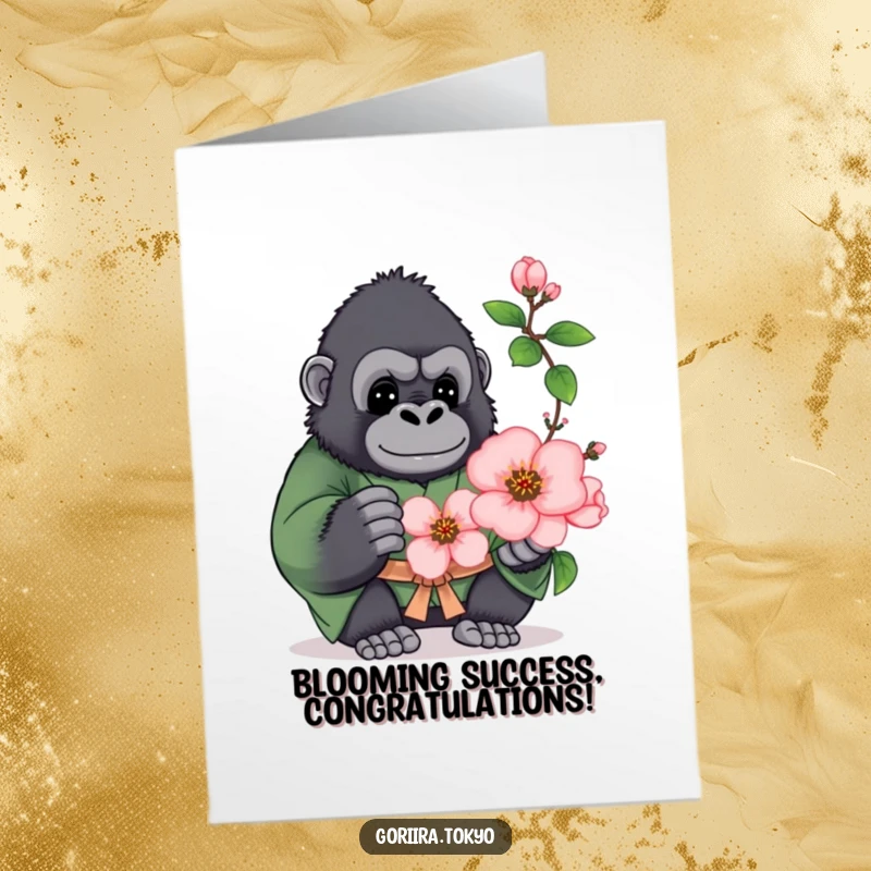 Funny Free Printable Congratulations Card: Plump gorilla in green kimono offering a blooming peach blossom for congratulations.