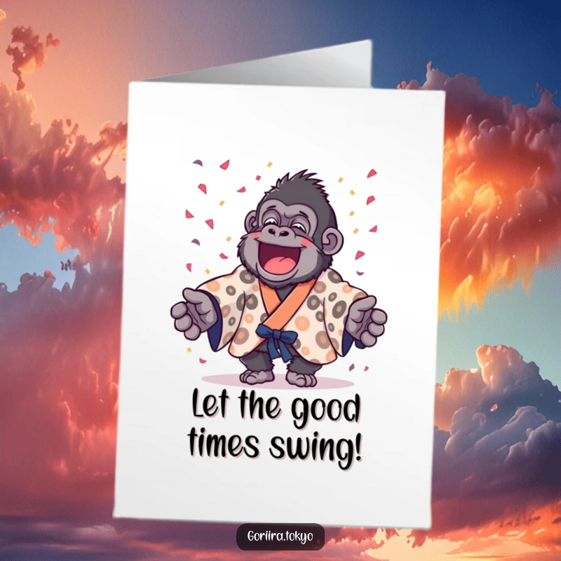 Funny Free Printable Congrats Card: Gorilla in kimono joyfully throwing confetti, celebrating a major win. Downloadable.