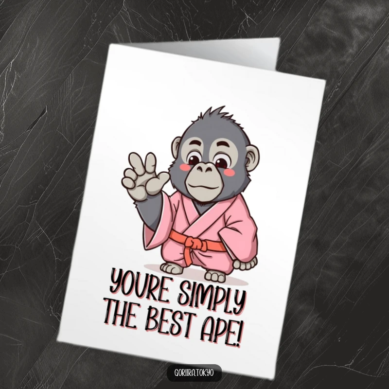 Funny free printable congratulations card: a gorilla in a pink kimono offers a gentle, welcoming hand gesture.