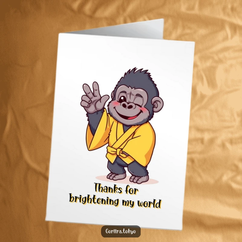 Funny Free Printable Thank You Card: Cheerful gorilla in yellow kimono striking a gentle pose, expressing thanks happily.