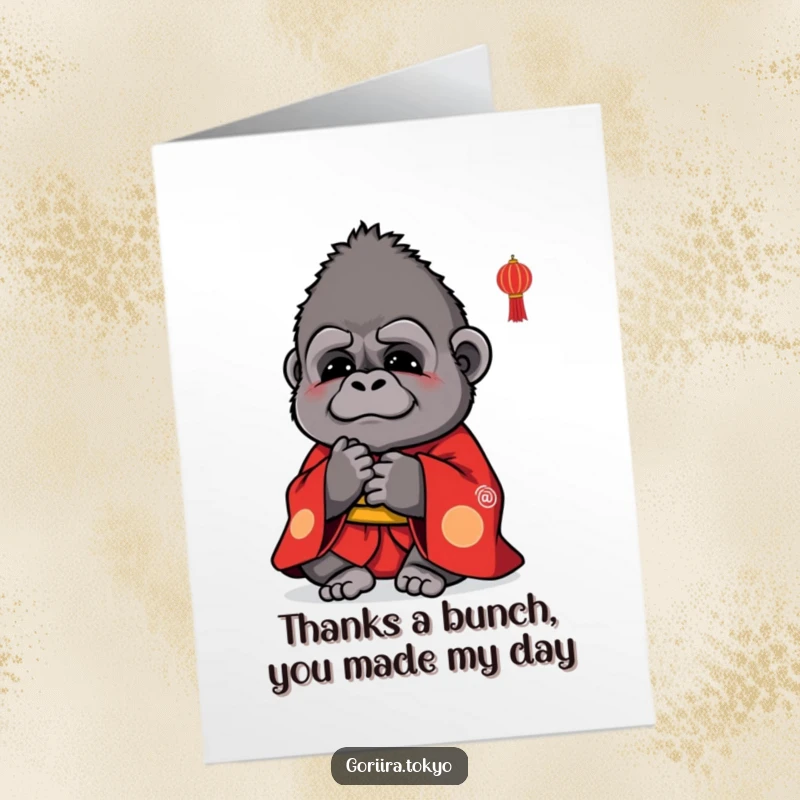 Funny Free Printable Thank You Card: Small cute gorilla in red kimono bowing politely, expressing heartfelt thanks.