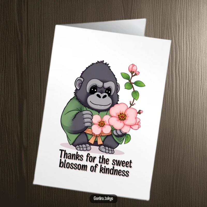 Funny Free Printable Thank You Card: Plump gorilla in green kimono offering a blooming peach blossom to say thank you.