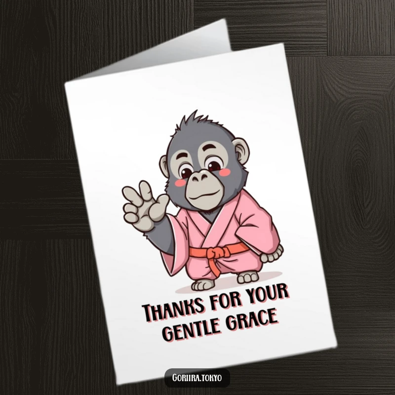 Funny free printable thank you card: a gorilla in a pink kimono making a delicate hand gesture of thanks.