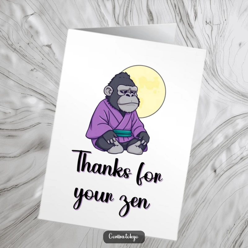 Funny Free Printable Thank You Card: Gorilla in a purple kimono meditating under a stylized moon, conveying peaceful thanks. Downloadable.