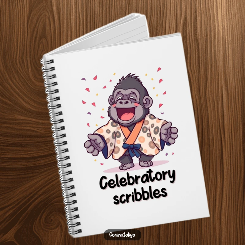 Funny gorilla in a spotted kimono joyfully throwing confetti, a humorous notebook for capturing party plans and bright ideas.