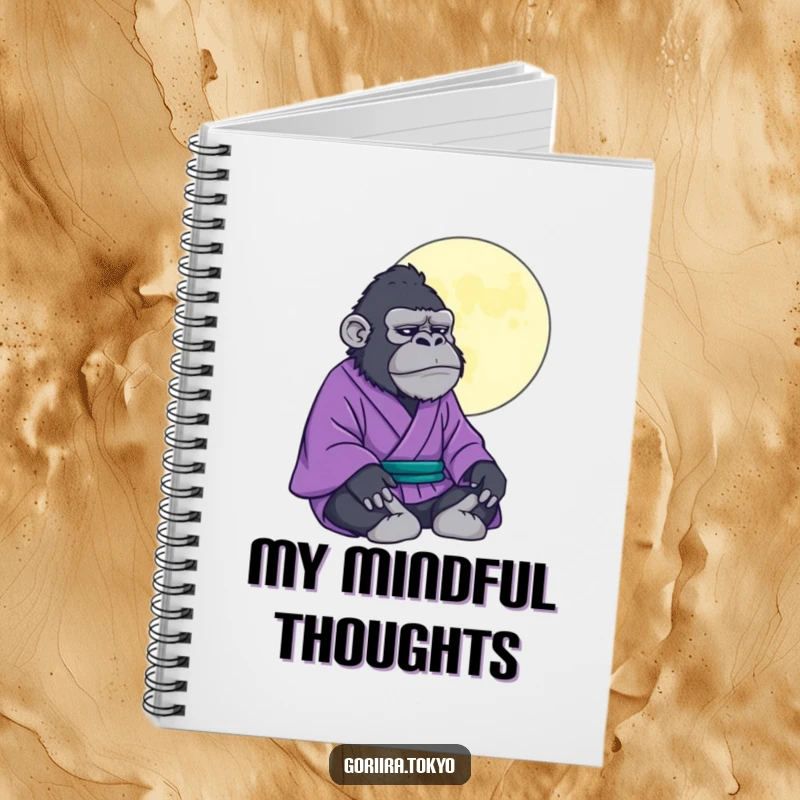 Funny gorilla in a purple kimono meditating under a stylized moon, a humorous notebook for capturing peaceful thoughts.
