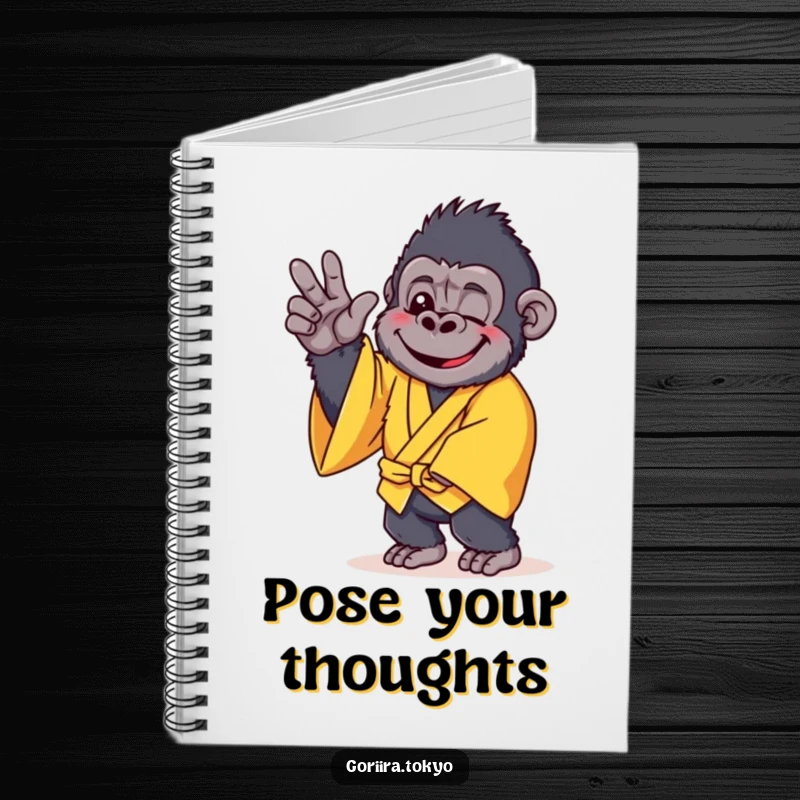 Funny notebook cover: a cheerful gorilla in a yellow kimono, striking a gentle pose, inspiring happy thoughts.