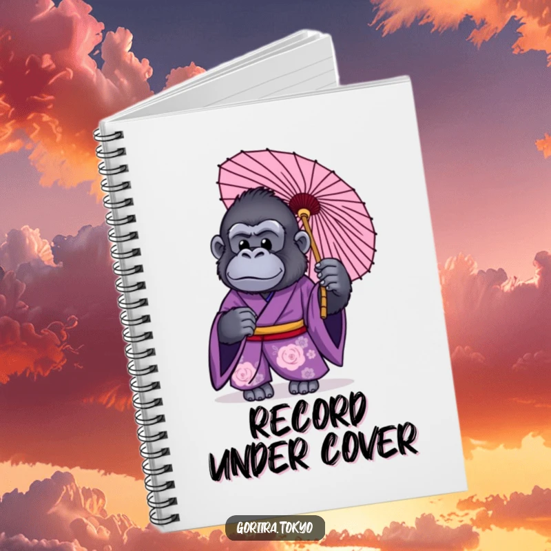 Funny notebook cover: a gorilla in a purple kimono, holding a traditional Japanese umbrella, inspiring stylish writing.